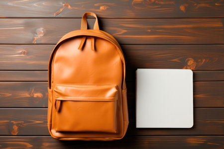 Flat lay composition with backpack and school stationery on wooden backgroundの素材