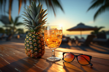 Summer pina colada cocktail in a glass on a table at a tropical resortの素材