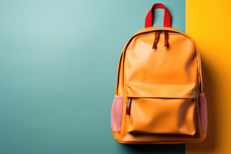 School backpack with stationery on yellow and turquoise background. Back to school concept flat layの素材