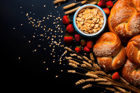 Freshly baked buns on a black background with scattered grains of wheatの素材