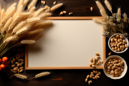 Wheat and buns on a wooden background with a blank for copy space. Flat layの素材