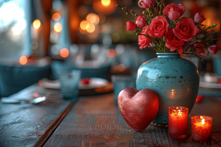Bouquet of red flowers in blue vase on wooden table in cafe interior with copy space. Valentine's Day conceptの素材