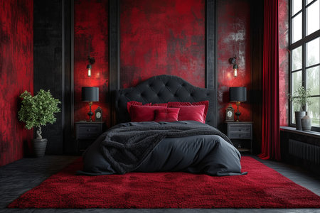 Luxurious black and red bedroom with large bed in classic styleの素材