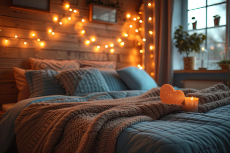 Cozy bed with crocheted bedspread and decor for Valentine's Day at duskの素材