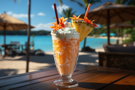 Summer pina colada cocktail in a glass on a table at a tropical resortの素材