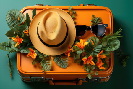 Straw hat rests on a suitcase and sunglasses on a green background. Travel and summer holiday conceptの素材