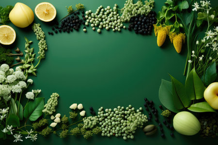 Flat lay composition from fresh medicinal on green background. Creative frame with copy space. Alternative medicine conceptの素材