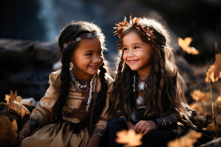 Native American girl kids having fun outdoors.の素材