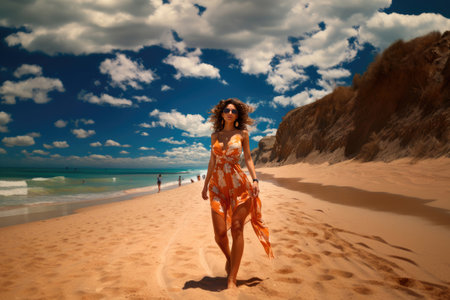 Young woman with a beautiful figure in a pink dress walks along the beach at the seaside on summer vacationの素材