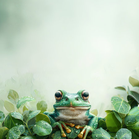 Green frog sits on a tropical leaf. February 29th leap year day concept with copy spaceの素材