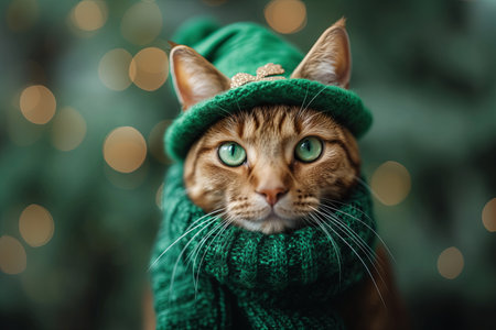 Cat in a green leprechaun hat and scarf for St. Patrick's Dayの素材