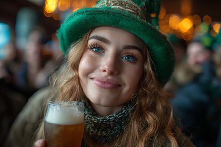 Happy young woman celebrates St. Patrick's Day in a leprechaun hat with a glass of beer at the barの素材