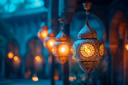 Series of lanterns hanging from the ceiling, each with a different colored light. The lanterns are lit up, creating a warm and inviting atmosphereの素材