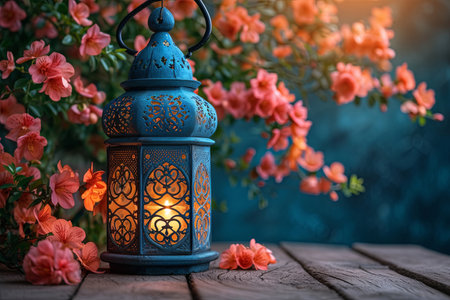 Lantern with a candle inside sits on a wooden table next to a bunch of pink flowers. The lantern casts a warm glow on the flowers, creating a serene and peaceful atmosphereの素材