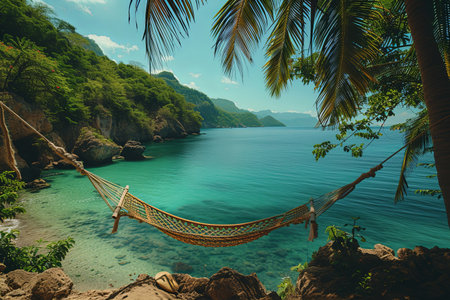 Beach scene with a hammock hanging over the water. The hammock is tied to a tree and is the only thing visible on the beach. Summer vacation and tropical vacation conceptの素材