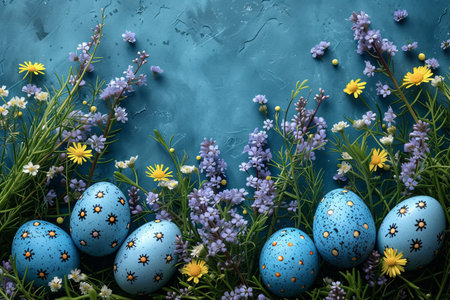 Blue and yellow flower arrangement with a blue easter egg in the middle. The flowers are purple and yellowの素材