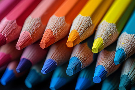 Row of colored pencil. The pencils are arranged in a rainbow patternの素材