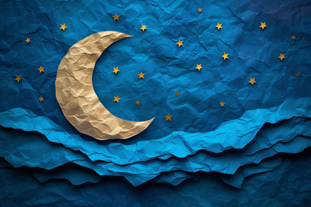 Paper cutout of a moon on a blue ocean with stars in the backgroundの素材