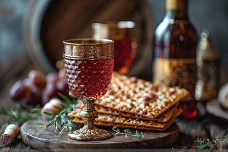 Passover celebration concept. Matzah, red kosher in cup elijah on wooden table tableの素材