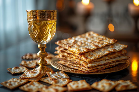 Festive table bound for a traditional Passover seder with a cup of Elijah the Prophet and matzohの素材
