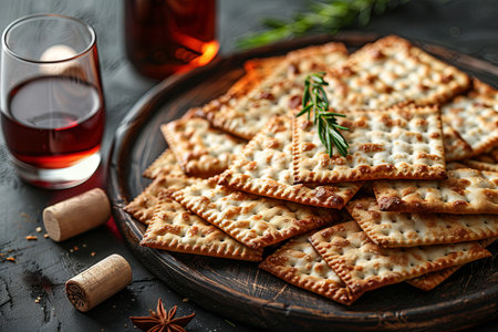 Pesach background. Passover celebration with wine and matzo on the wooden backgroundの素材