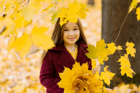 Dreamy cute little girl in autumn clothes in a park with yellow leaves. A smiling child is playing in the park.の写真素材