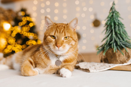 Red cat is laying on a table next to a Christmas tree. Cozy and festive moodの写真素材