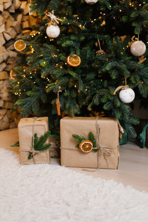 Christmas festive tree with giftの写真素材