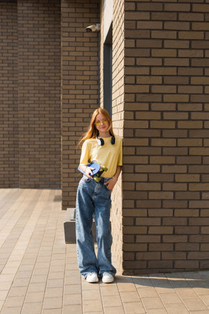 Teenager girl in a yellow shirt and blue jeans is standing next to a brick wall