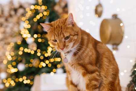 Red cat is sitting in front of a Christmas tree. Warm and cozy atmosphereの写真素材