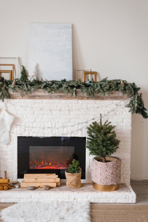Fireplace with a Christmas tree in a pot at living roomの写真素材