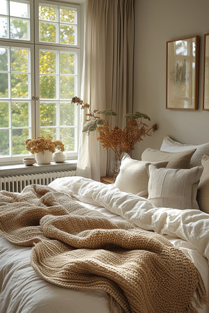 Minimalistic cozy bedroom with white bed and brown blanket, pillows and a vase with flowersの素材