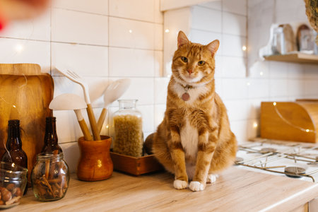 Red cat is sitting on a kitchen counter next to a jar of spicesの写真素材