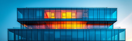 Tall modern building with a glass facade and a balconyの素材