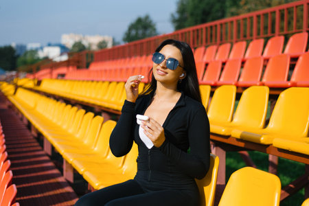 A woman sitting on a yellow stadium seat, smiling while wearing white wireless earbuds and black sunglasses.の写真素材