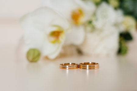 Gold wedding rings placed elegantly on a soft beige background, surrounded by delicate orchids.の写真素材