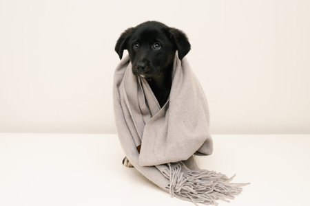Cute black puppy sitting wrapped in a soft gray scarf, creating a warm and cozy winter vibe.