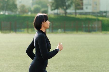 A young woman in black sportswear running on a green outdoor field, enjoying physical activity under soft daylight.の写真素材