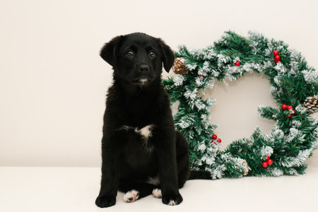 A black puppy sitting in front of a snowy green Christmas wreath decorated with red berries and pinecones.の写真素材