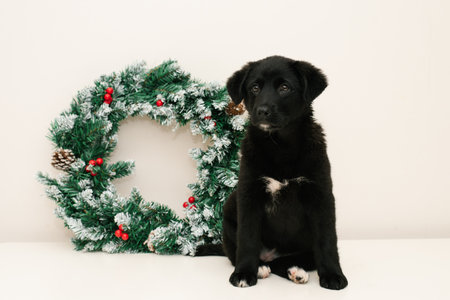 A playful black puppy sitting next to a festive green wreath with red and white winter decorations.