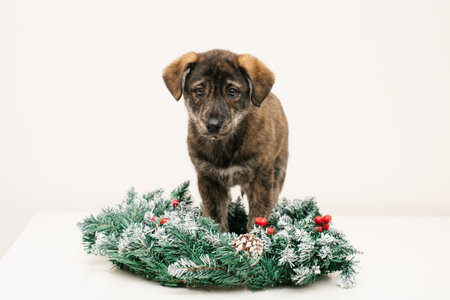 Adorable brown puppy standing inside a green Christmas wreath with red decorations, looking curious and festive.の写真素材
