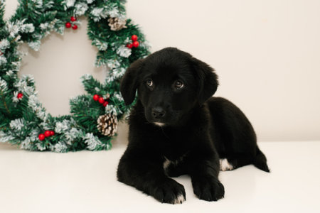 Black puppy lying next to a holiday wreath decorated with frosted pinecones and red berries, giving...