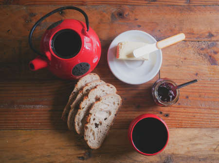 Breakfast on a wooden table. Top view