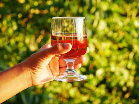 Close-up of a glass of wine held by the hand of a black woman with a tree in the backgroundの写真素材