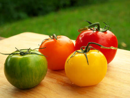 Close-up of green, orange, yellow and red tomatoes on a wooden table. Fresh vegetables of the summer season, to prepare a recipeの写真素材