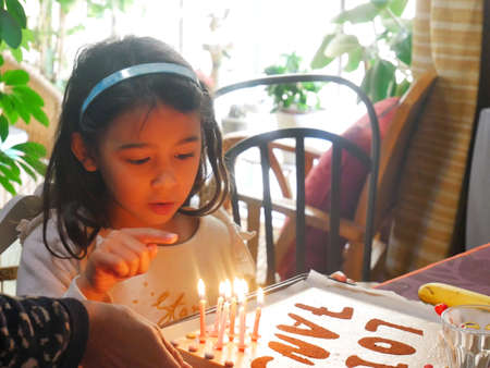 Celebration birthday of a girl with cake and candlesの写真素材