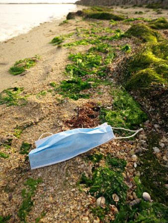 A vertical shot of a face mask on the beach- environmental pollution and covid-19 concept