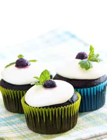 Dark chocolate cupcakes with white chocolate ganache frosting, decorated with a blueberry and mint leaf.                   の写真素材