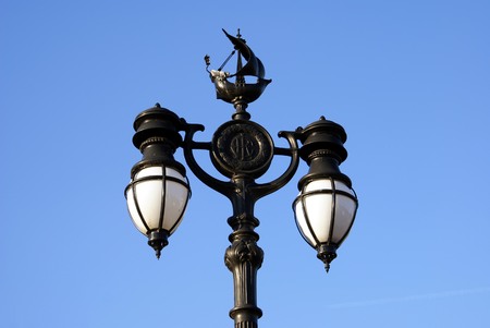 antique sculptured street lamp or light London Englandの写真素材