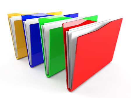 3d red green blue yellow folders with paperの写真素材